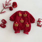 2025 Newborn Baby Red Jumpsuit Christmas Cute Bear Thicken Fleece Romper 0-2Y Infant Festival Outfit Warm Winter Baby Clothes