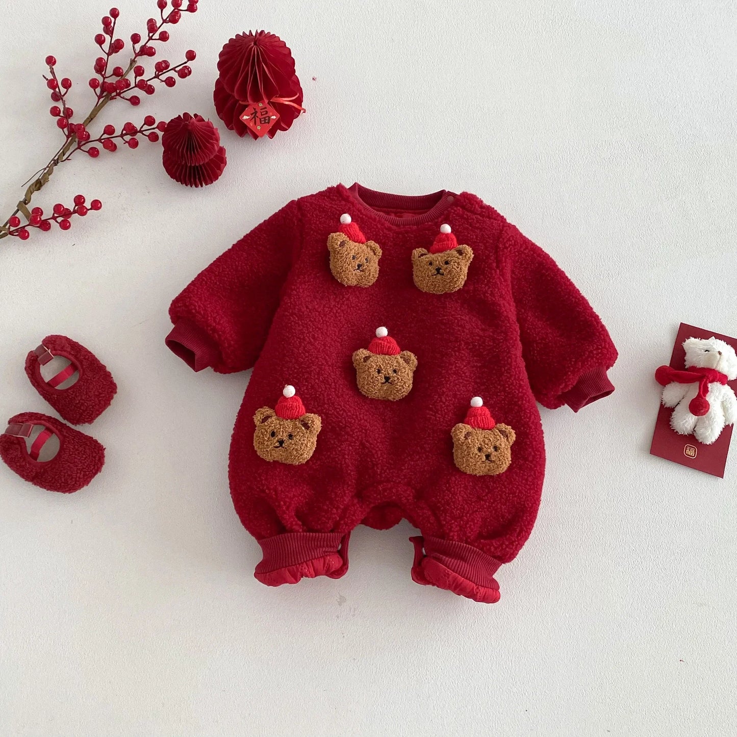 2025 Newborn Baby Red Jumpsuit Christmas Cute Bear Thicken Fleece Romper 0-2Y Infant Festival Outfit Warm Winter Baby Clothes