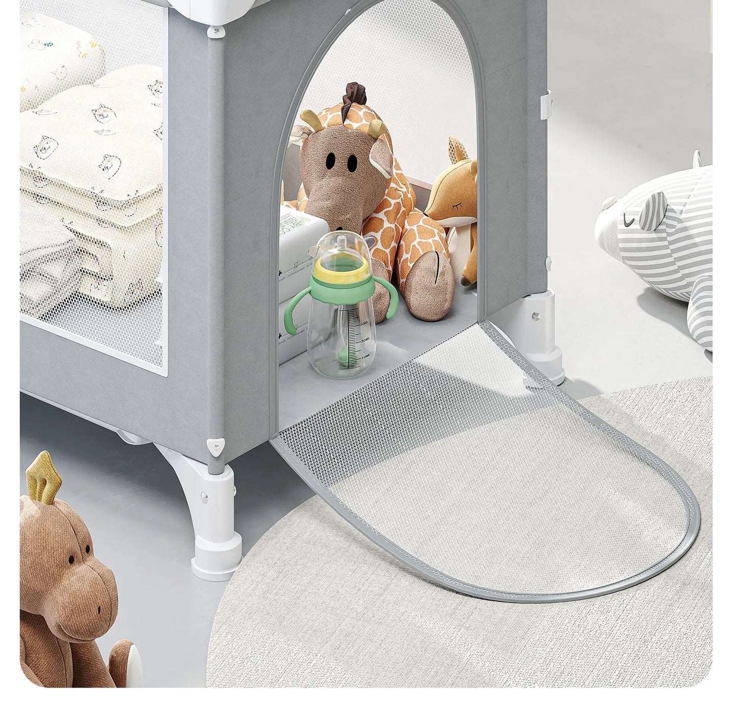Multifunctional Baby Bed Fit 0-3 Years Old 4-Level Adjustable Cribs for Baby Foldable Baby Cot Bed with 360° Silent Wheels