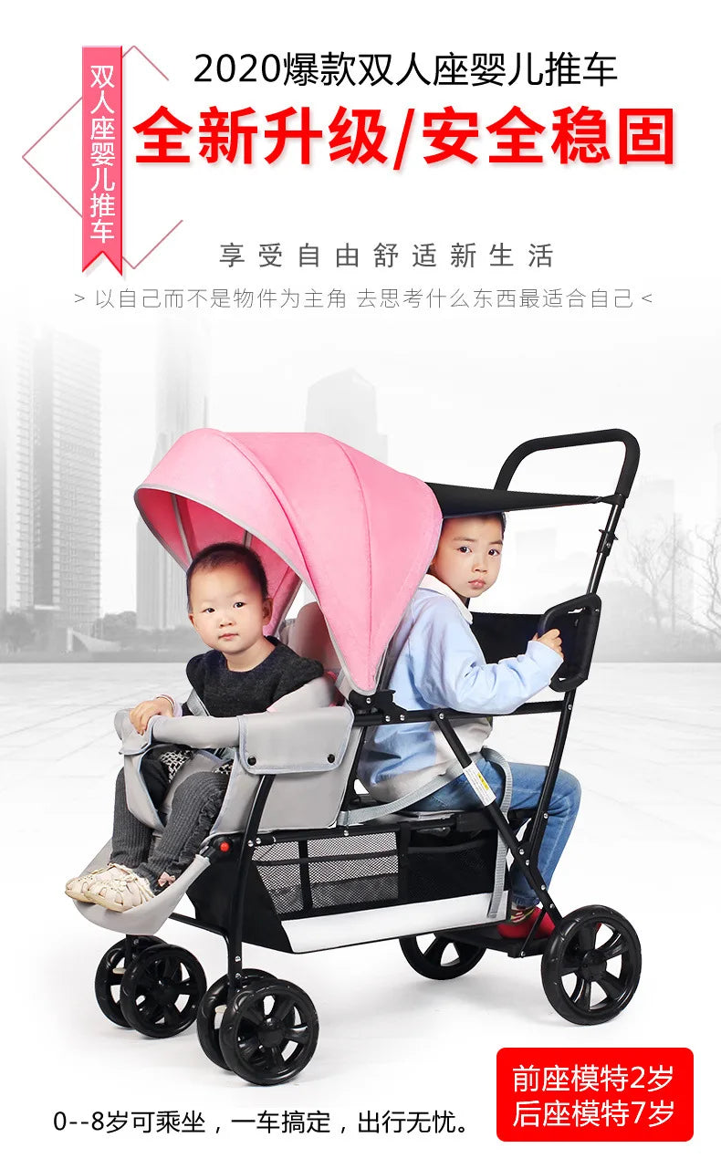 Twin Stroller Multifunctional Baby Stroller Lightweight Double Baby Stroller Foldable Two-way Double Stroller Four Wheel