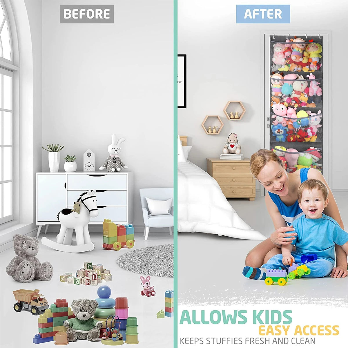 Stuffed Animal Storage Bag Over The Door Stuff Animals Organizer with 4 Large Pockets Hanging Mesh Bags for Baby Plush Toys