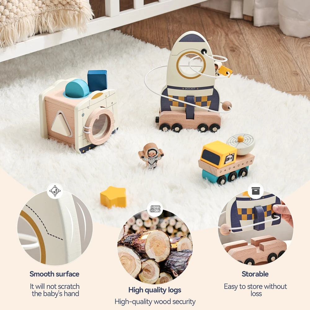 Wooden Astronaut Space Toys Set Baby Montessori Rocket Knowledge Puzzle Toys Early Shape Perception Building Block Stacking Game