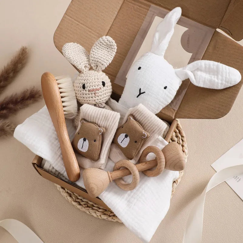 Newborn Bath Gift Set – Cotton Blanket, Milestone Cards & Rattle