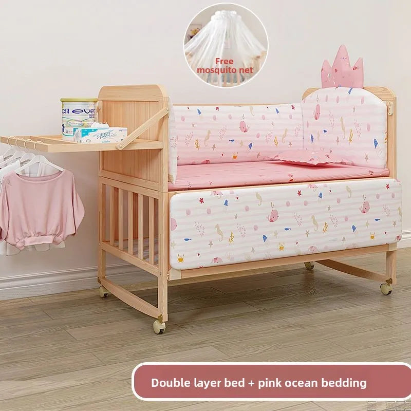 Solid Wood Baby Crib Convertible Toddler Bed Movable Newborn Bassinet Cradle Multi Functional Infant Bed For Babies Boys Girls