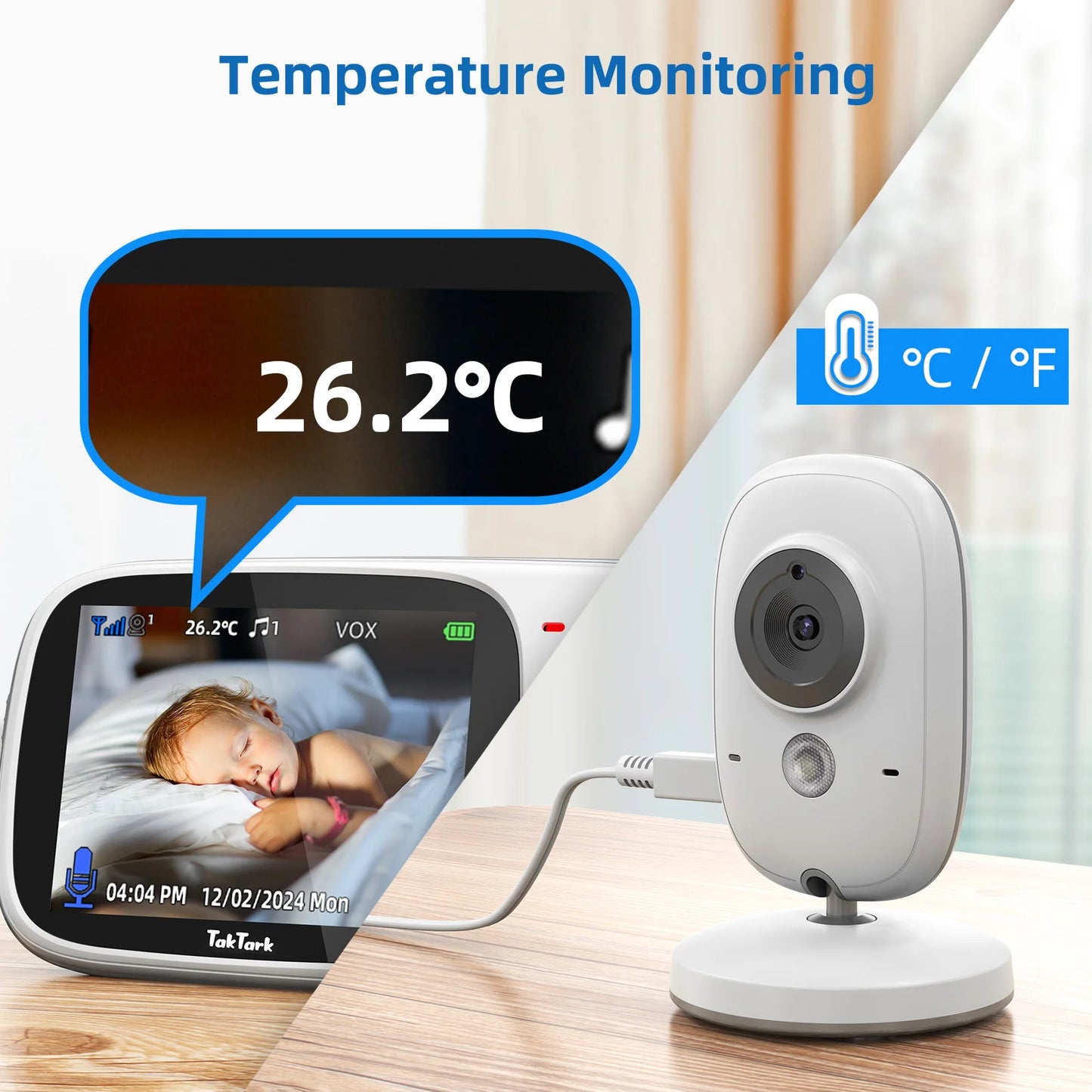 Babyphone sans fil avec écran 3,2 pouces, vision nocturne et audio