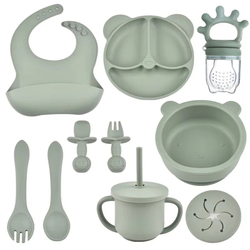 Infant Feeding Essentials – 9PCS Silicone Feeding Kit with Bib