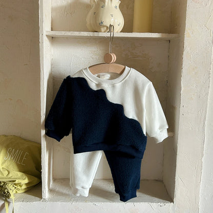 Baby Boy 2PCS Winter Set – Blue & White Fleece Top & Pants, 0–3Y