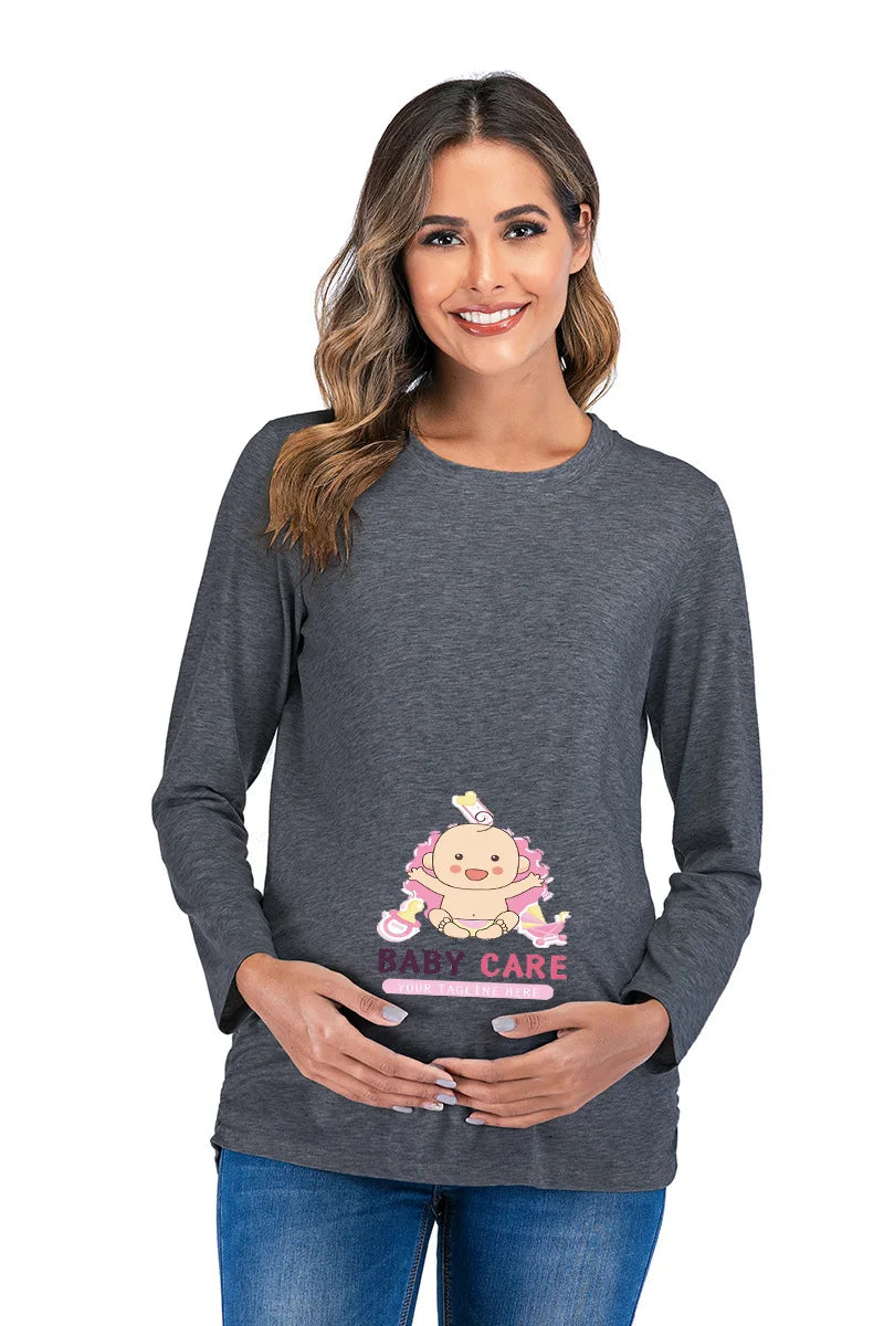 New Maternity Carton Long-sleeved Tees Solid Color 0 Neck Casual Loose Pregnancy Clothing Fashion Women's Pregnancy Long Sleeve