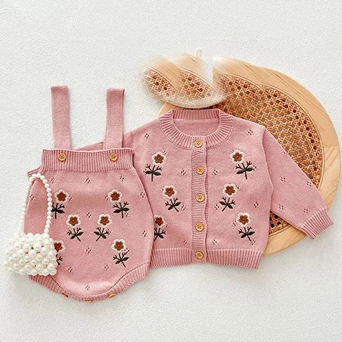2024 New Autumn Infant Baby Girls Knitted Clothing Set Long Sleeved Knitted Cardigan+Jumpsuit Children Knitted Clothes Suit
