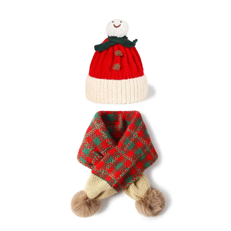 Children's Winter Red Hat And Scarf Set Cartoon Snowman Design Warm Knitted Scarf Cap for Boys And Girls Xmas New Year's Gift