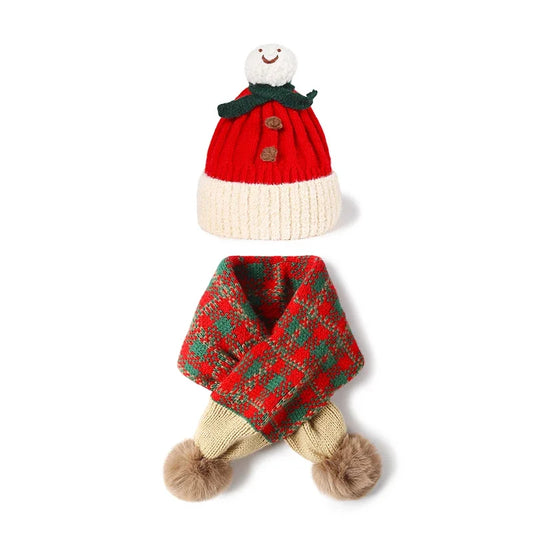 Ensemble bonnet et écharpe rouges d'hiver pour enfants, motif bonhomme de neige, chaud et tricoté, cadeau idéal pour garçons et filles pour Noël et le Nouvel An