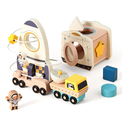 Wooden Astronaut Space Toys Set Baby Montessori Rocket Knowledge Puzzle Toys Early Shape Perception Building Block Stacking Game