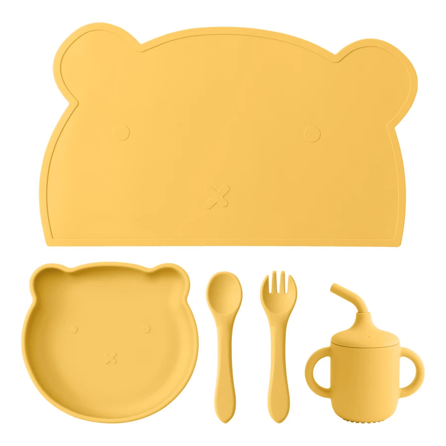 5PCS Baby Silicone Tableware Waterproof Placemat Soft Spoon Fork Suction Baby Dishes Sippy Cup Feeding Training Baby Dinner Set