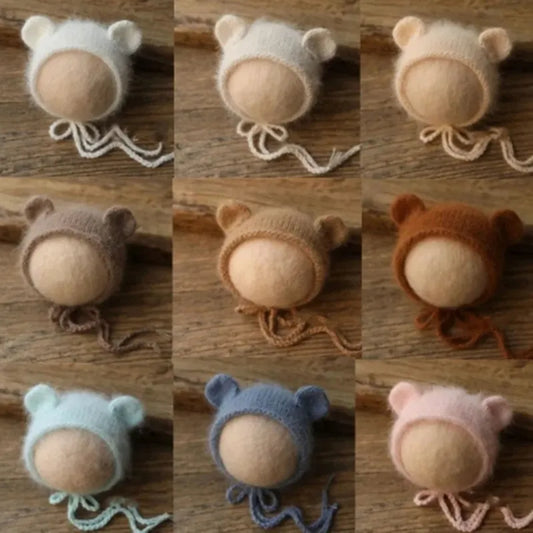 Fluffy Mink Thread Newborn Knit Hat with Ears Photo Prop