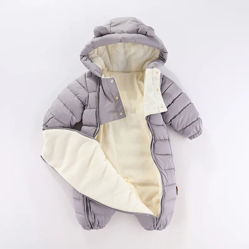 OLEKID 2025 Autumn Winter Baby Rompers Hooded Plus Velvet Warm Baby Girl Jumpsuit Toddler Boys Overalls Infant Newborn Sleepwear