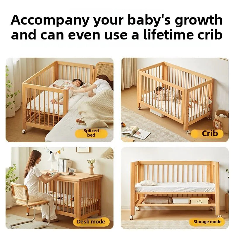 Adjustable Beechwood Baby Crib Convertible Bedside Sleeper with Guardrail Wheels Baby Bassinet Nest Bed Child Sleep with Wheels