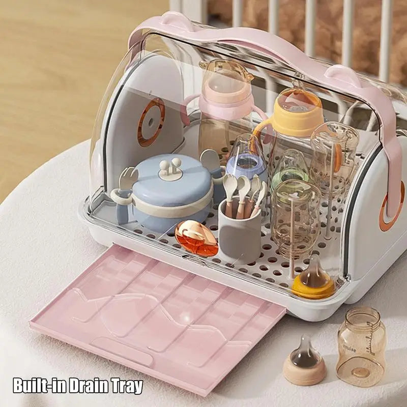 Baby Feeding Cup Holder Sterilizer Dryer With Easy-Carry Handle Dustproof Lid Drying Rack For Home Baby Stuffs Cutlery Storage