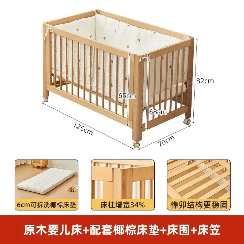 Adjustable Beechwood Baby Crib Convertible Bedside Sleeper with Guardrail Wheels Baby Bassinet Nest Bed Child Sleep with Wheels