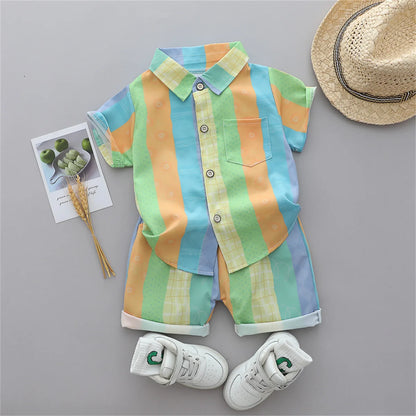 2PCS baby and toddler summer full print three color vertical stripe pattern stand up collar shirt short sleeved shorts set
