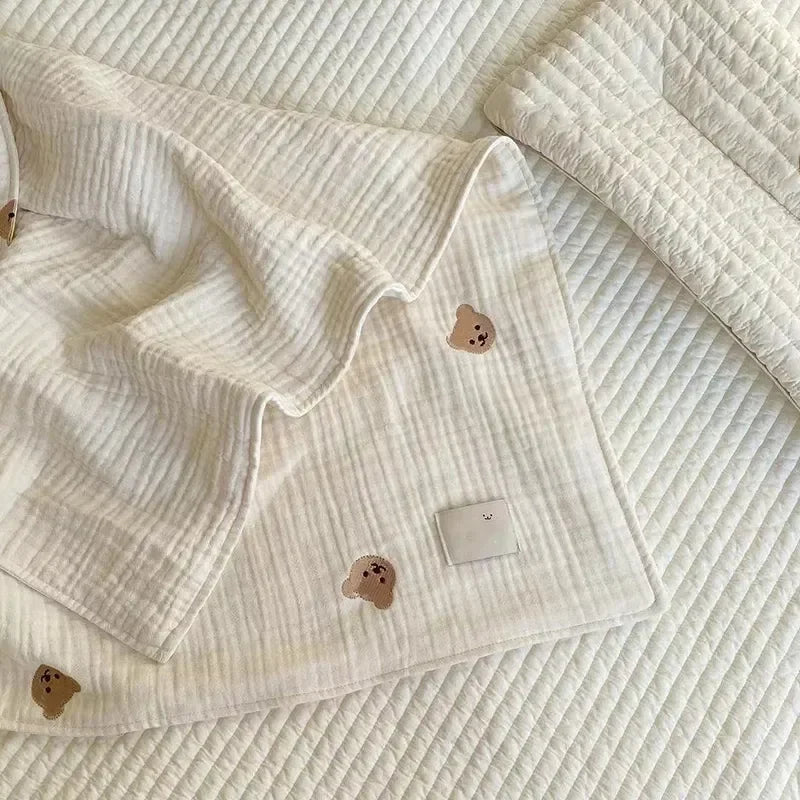 Cotton Muslin Baby Blanket Newborn 6 Layer Gauze Stroller Blanket Bear Embroidery Kids Sleeping Blanket Bedding Baby Item