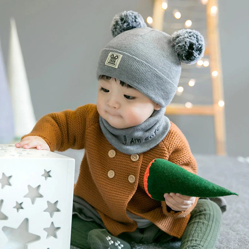 IYEAL   Winter Boys And Girls Lovely Knitted Hats Children's Hat +Neck scarf 2-Piece Set Baby Wool Hat Scarf Warm Thick Hat