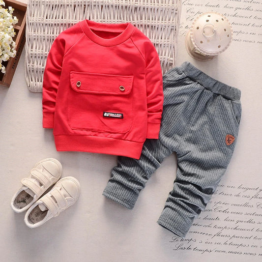 2PCS Baby Long Sleeve Set Baby Solid Large Pocket Fashion Vertical Stripe Pants