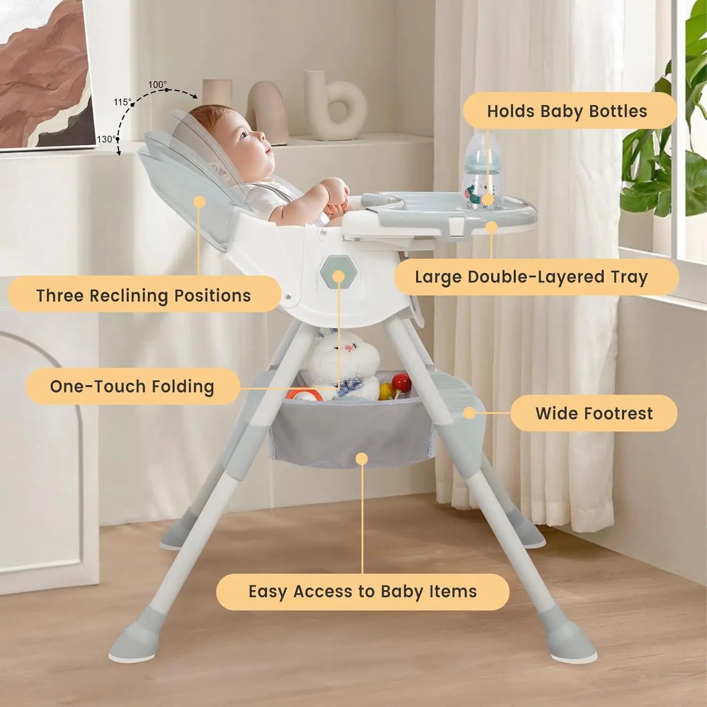 3 In 1 Baby High Chair Portable High Chairs for Babies and Toddlers 3 Adjustable Height Baby Feeding Chair with Removable Tray