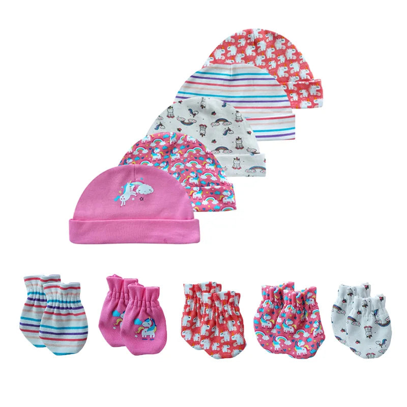 Unisex Cotton Newborn Baby Hat and Gloves Set 10Pieces