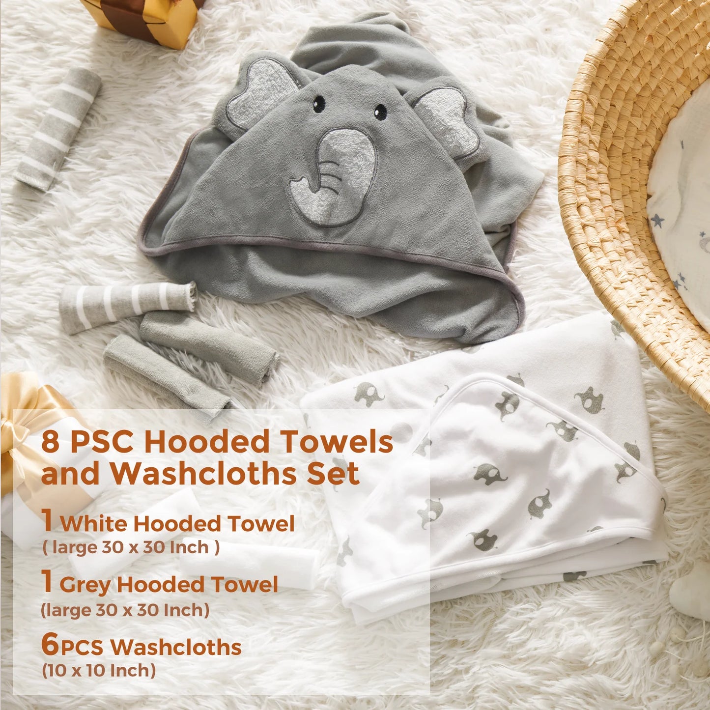 Momcozy Cute Elephant Hooded Baby Towel- 8 Piece Bath Essential, 2 x Towels and 6 x Wash Cloth Set- Perfect Shower