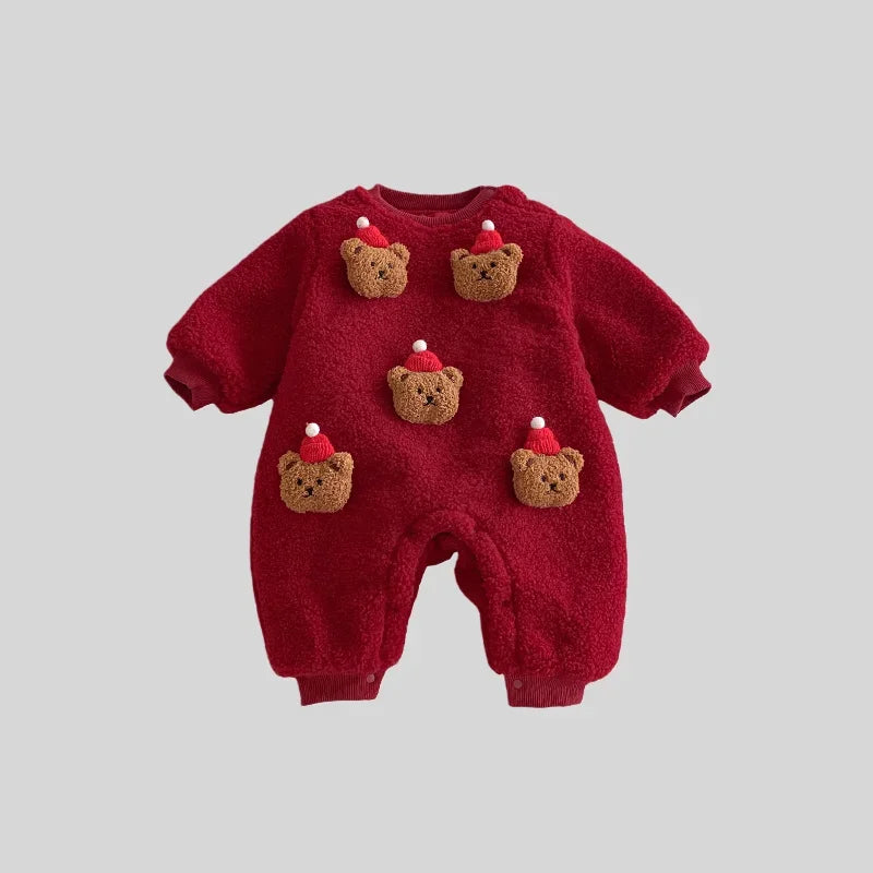 2025 Newborn Baby Red Jumpsuit Christmas Cute Bear Thicken Fleece Romper 0-2Y Infant Festival Outfit Warm Winter Baby Clothes