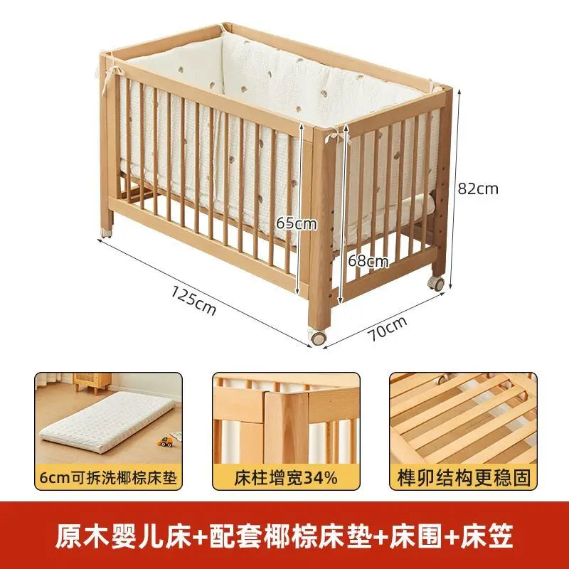 Adjustable Beechwood Baby Crib Convertible Bedside Sleeper with Guardrail Wheels Baby Bassinet Nest Bed Child Sleep with Wheels