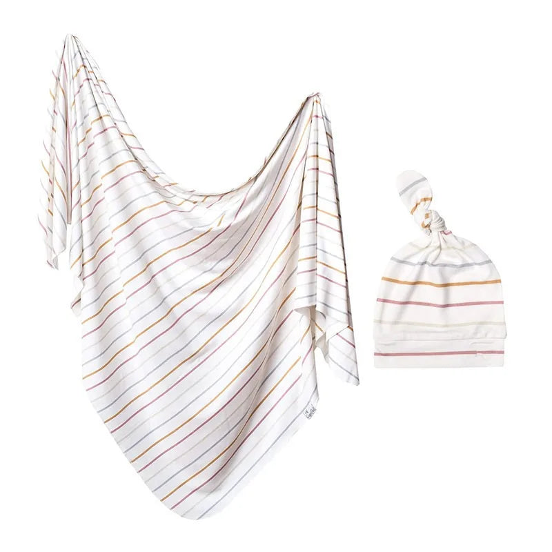 Organic Muslin Swaddle&Hat Set-Boho Rainbow Newborn Photography Props for Unisex Baby Boys&Girls,Birth Announcement Photo bebe