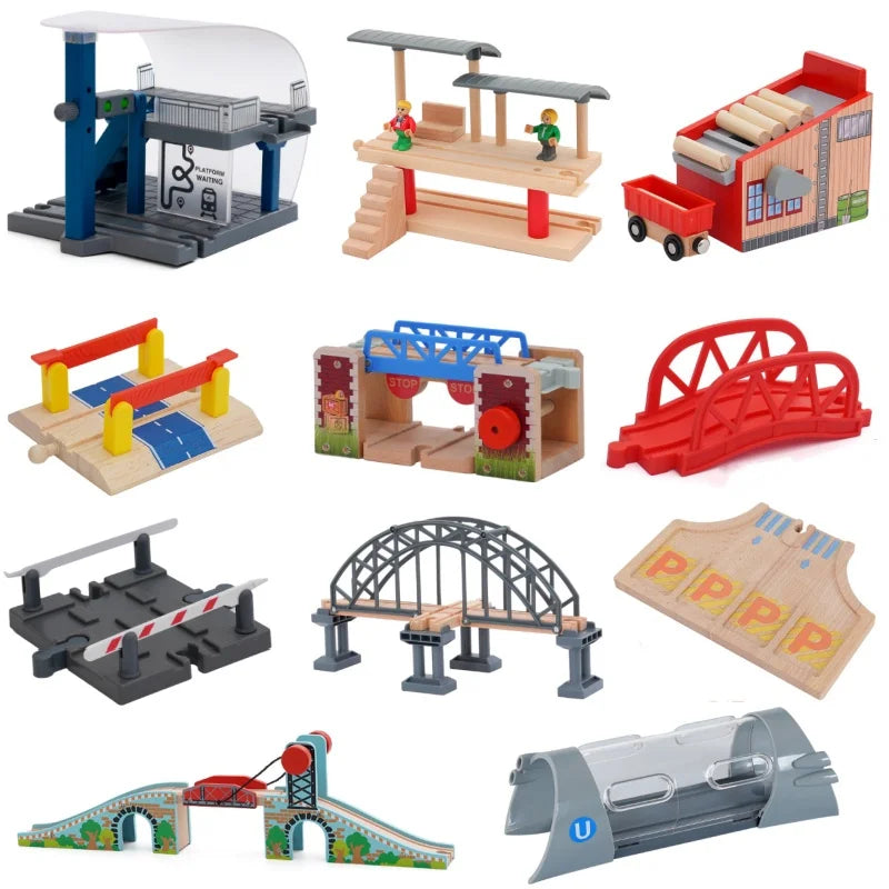 Wooden Train Track Racing Railway Street Sign Toys Bridge Tunnel Track Accessories Wood Tracks Creative Toys For Children Gift