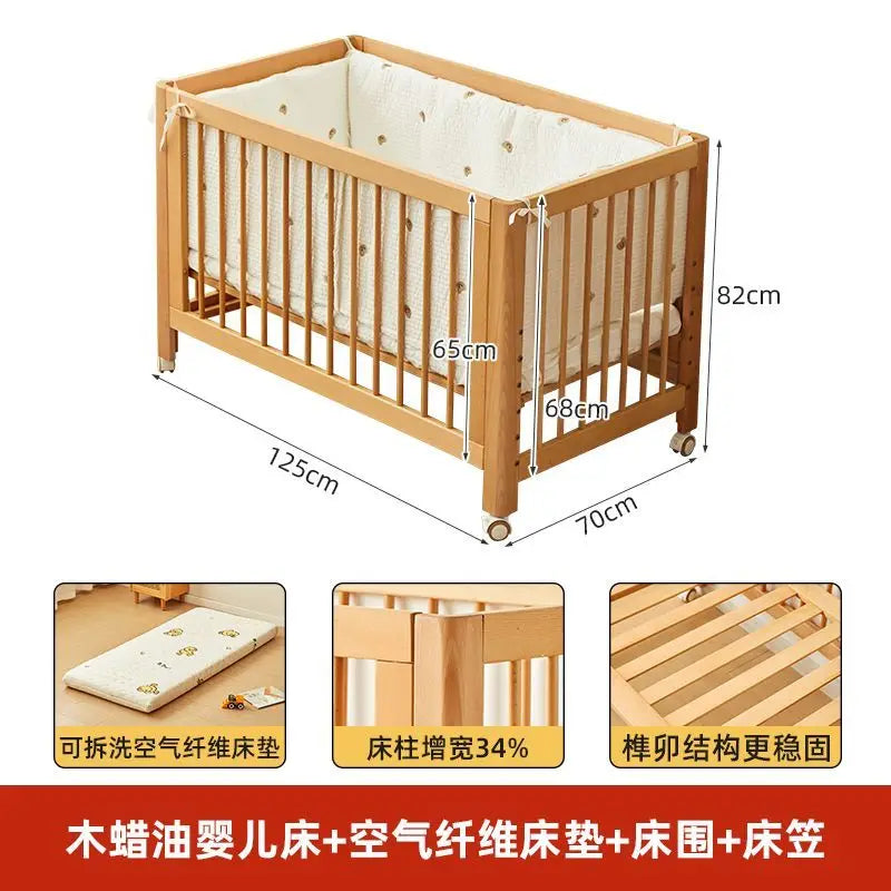 Adjustable Beechwood Baby Crib Convertible Bedside Sleeper with Guardrail Wheels Baby Bassinet Nest Bed Child Sleep with Wheels