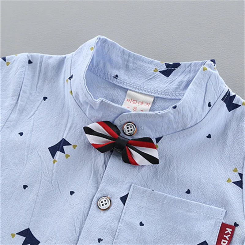 2PCS Baby Set Hot Summer All Over Crown Random Print Pattern Standing Neck Short Sleeve Shorts Set