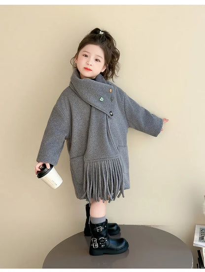 Autumn Winter Children Girl Overcoat Colorful Button Pockets Kid Baby Girls Outerwear Loose Warm Toddler Girls Jacket Soft Scarf