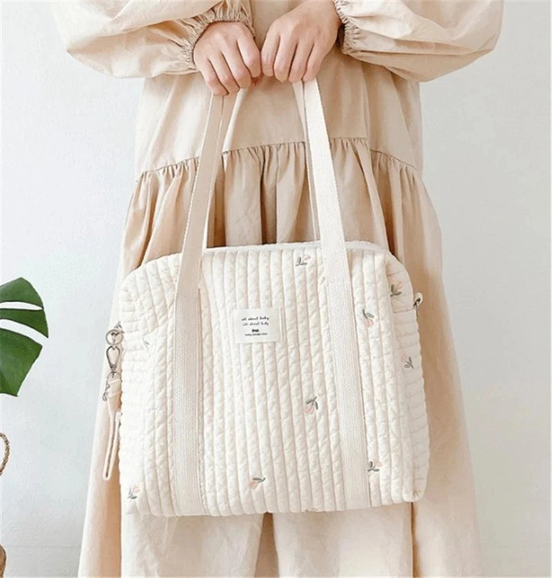 Korean Style Quilted Diaper Bag – Embroidered Mummy Shoulder Organizer