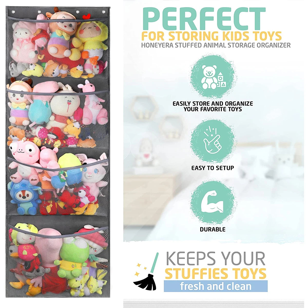 Stuffed Animal Storage Bag Over The Door Stuff Animals Organizer with 4 Large Pockets Hanging Mesh Bags for Baby Plush Toys